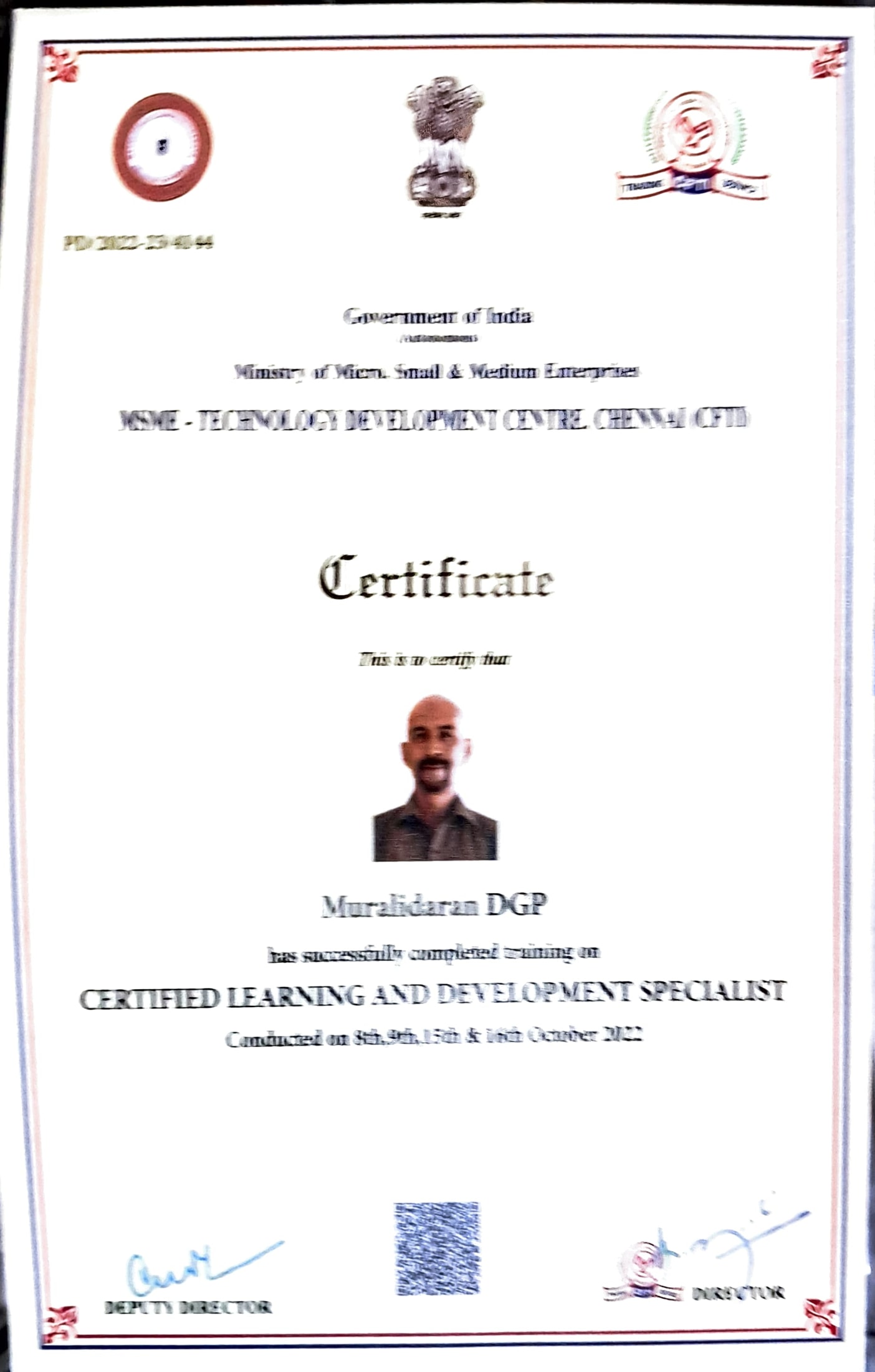 Trainer Muralidaran Certificate